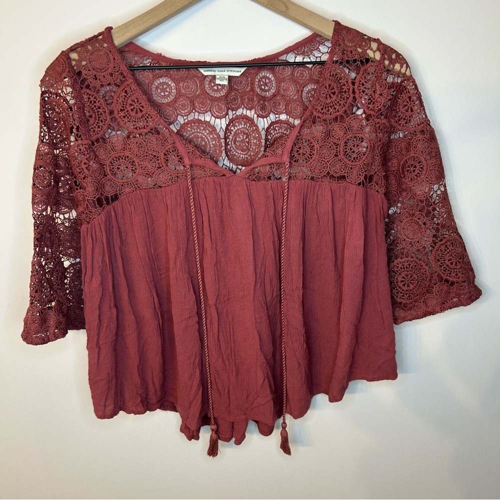 American Eagle Outfitters Rust Red Crochet Peasant Blouse